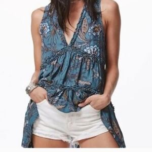 Free People Teal Floral Print Sleeveless Tiered Tunic Top | …